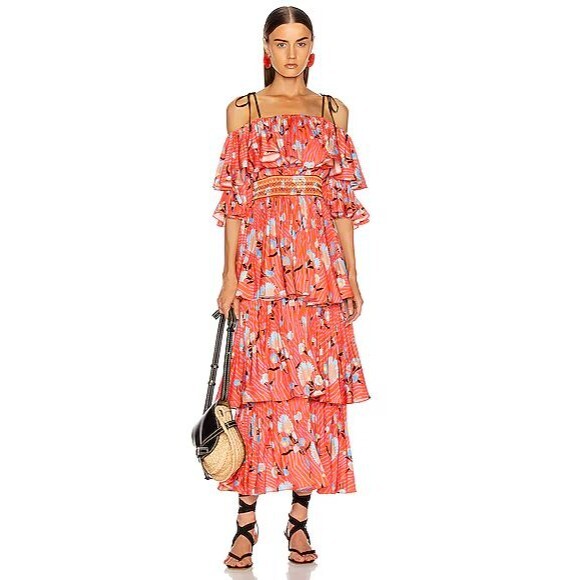 Self-Portrait Off Shoulder Pleated Ruffle Floral Tropical Midi Dress Orange Sz 0